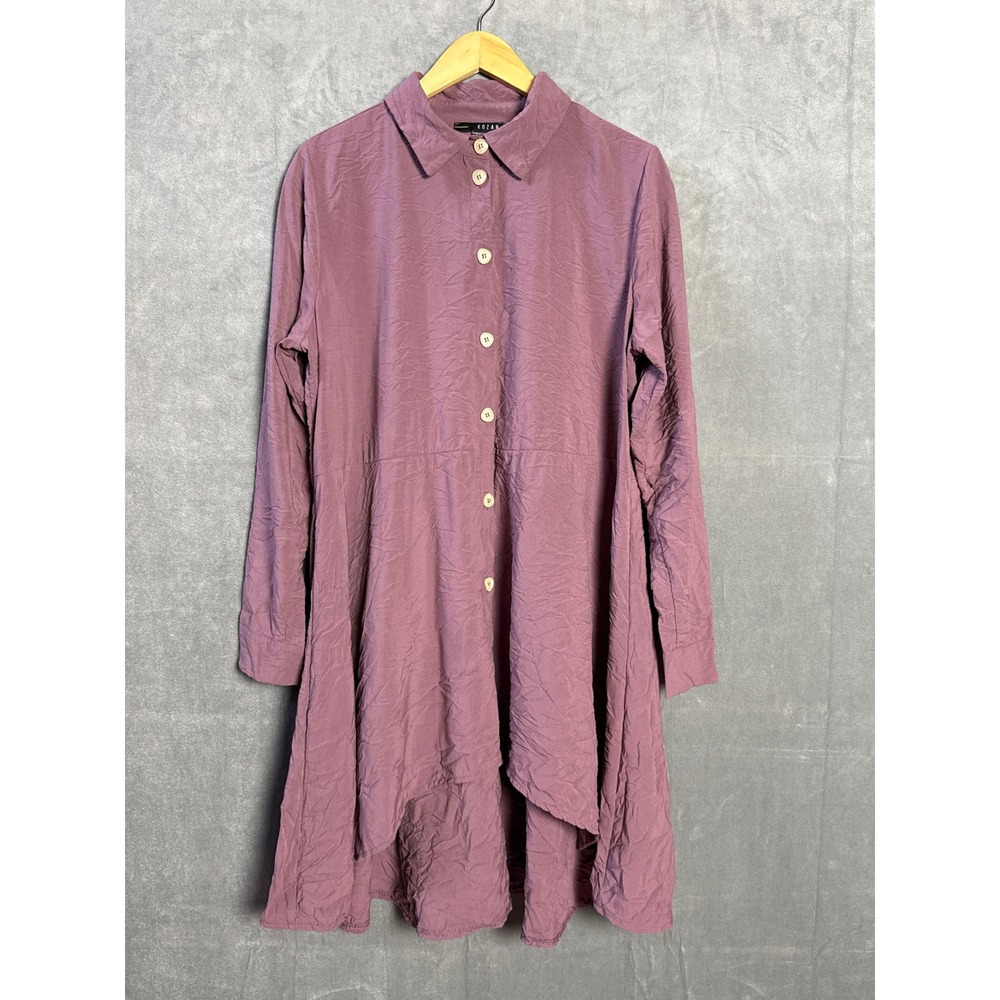 Kozan Dusty Purple Crinkle High Low Button Down Tunic Shirt Dress L Lagenlook